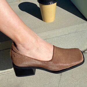 NEW HOPP Studios Bare Slip on Toffee Calf Hair Hide Fur Chunky Heel Pump Loafer
